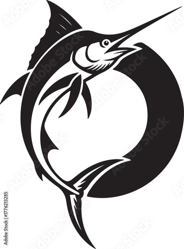 Dynamic Black Marlin Fish Jumping in Circle Logo Design