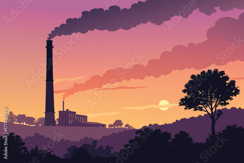 Smokestack silhouette against a flat, sunset-lit Michigan sky.