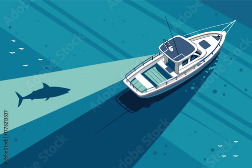 Aerial perspective of a serene fishing vessel casting a distinct, dark shadow on the clear, sunlit seabed below.