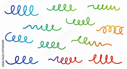 Abstract Color Gradient Lines Pattern. Vector Wave 3D Graphic Shapes with Gradient. Organic Rainbow Wavy Ribbons. Set of Fun Kid Doodle Colour Gradation