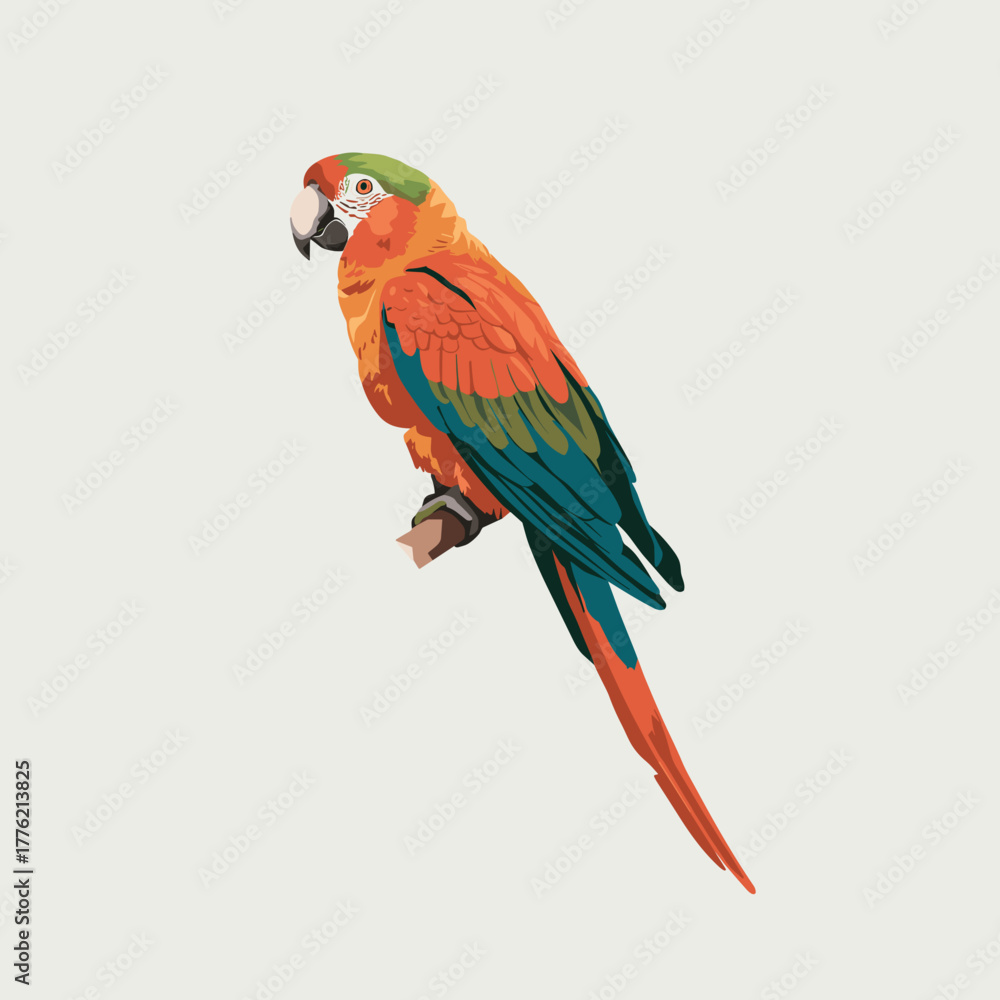 Fototapeta premium Minimal parrot outline perched on branch with orange and green colors