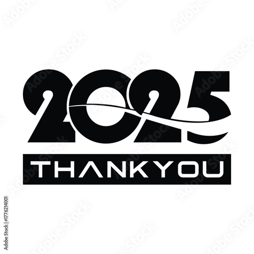 Modern black and white graphic design featuring the text “2025 thankyou” with sleek typography and dynamic wave line detail. Perfect for year-end review, recap, or digital media themes.