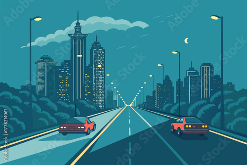 Urban highway with visible emission trail.