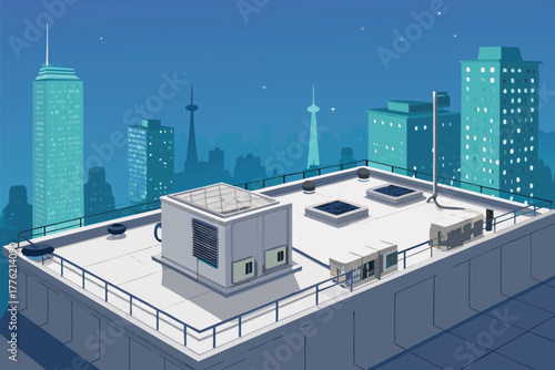 Urban rooftop sensors monitoring CO2 levels.