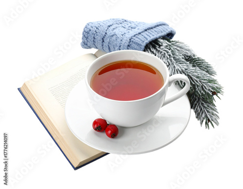 Red Cup of Tea and Open Book for Winter Reading on White