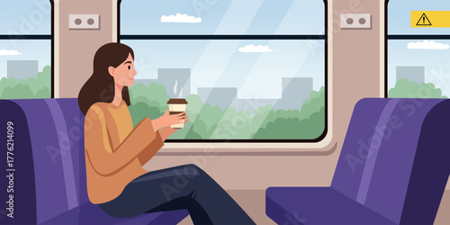 Woman enjoying coffee on a train ride. People holiday by the train. Railway travelling.