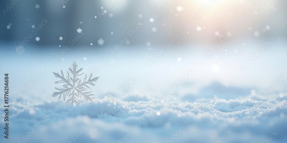 Naklejka premium Delicate macro snowflake on sparkling fresh snow, illuminated by soft winter light with ethereal bokeh background, capturing the serene beauty of ice crystals.