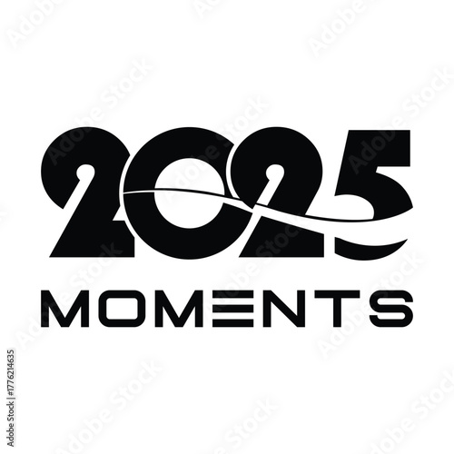 Modern black and white graphic design featuring the text “2025 moments” with sleek typography and dynamic wave line detail. Perfect for year-end review, recap, or digital media themes.