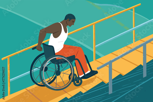 Wheelchair athlete rehabilitation training area, showing intense physiotherapy, adaptive sports equipment, and supportive staff.