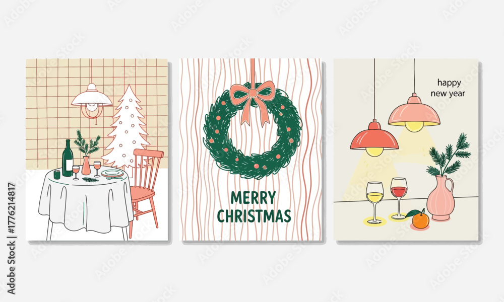 Fototapeta premium A collection of modern hand-drawn greeting cards for Christmas and New Year, featuring a festive dinner table, a holiday wreath, and a cozy wine celebration