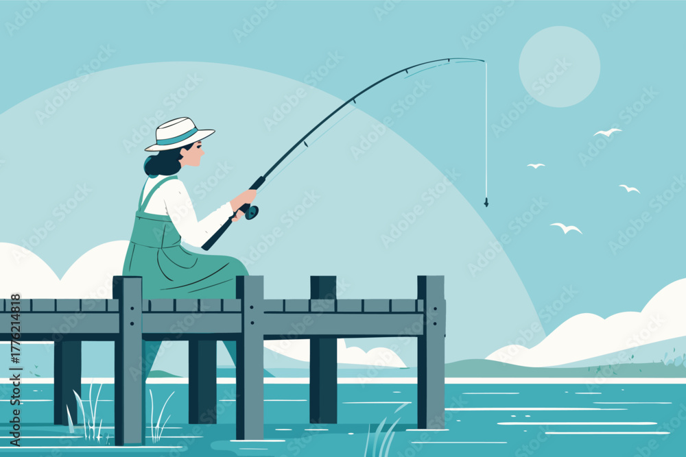 Fototapeta premium Serene woman fishing peacefully from weathered wooden pier, calm blue sky, gentle breeze, quiet morning, nature's tranquility.