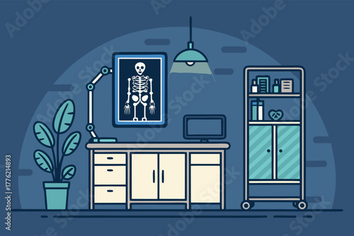 Ultra-detailed, hyperrealistic x-ray room interior, glowing screen displaying intricate skeletal anatomy, medical equipment, sterile, high-tech, advanced.