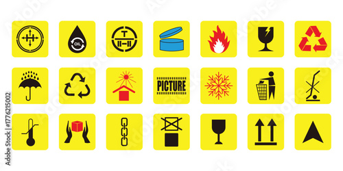 Set of Packaging and Handling Symbols on Yellow Background