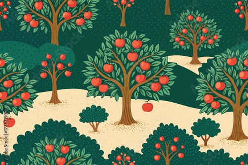 Bold, seamless pattern of apple orchard elements.