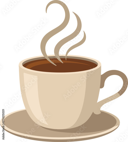 Steaming coffee cup vector illustration with saucer on a transparent background for cafe and beverage designs