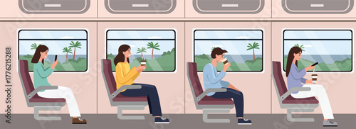 Train Passengers Enjoying the View.  Beach view on the train. Holiday by the train. Summer vacation. Train business passenger.