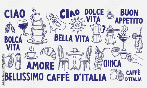 Italian Cafe Delights A Hand-Drawn Illustration Featuring Coffee, Food, and Italian Phrases