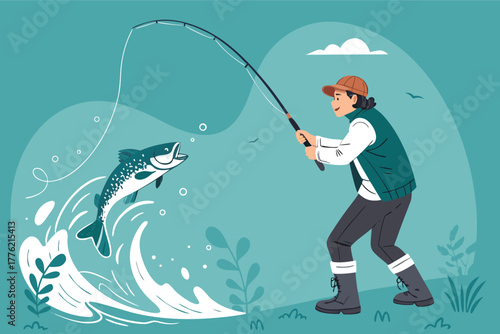 Young angler, intensely focused, reels in a shimmering fish, calm water, sunrise hues, nature's serenity.