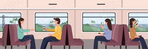 Passengers Enjoying a Scenic Train Journey. Economic class on passenger coach. Commuter on the train carriage.