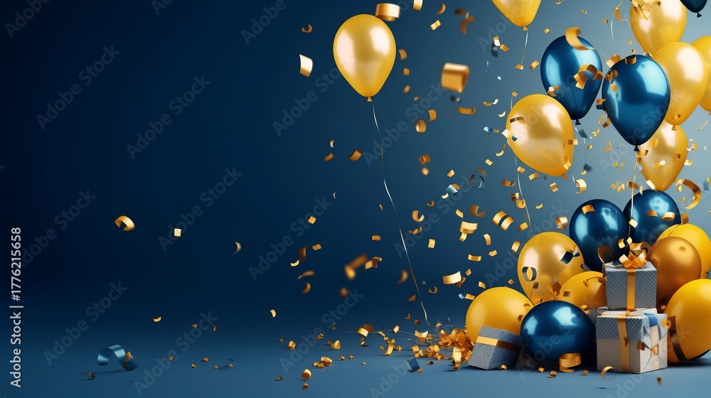 Fototapeta premium Celebration blue background with yellow-blue, gold balloons, gifts and confetti