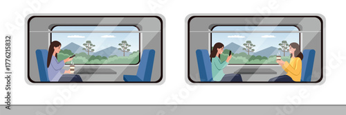 Passenger inside coach. Train carriage. Window train from outside train. Train landscape.