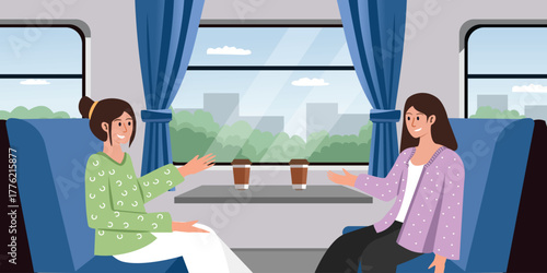 background, book, bright, carriage, cartoon, character, child, city, coach, comfort, commuter, design, diverse, female, flat, fun, girl, graphic, home, house, illustration, indoor, infrastructure, int