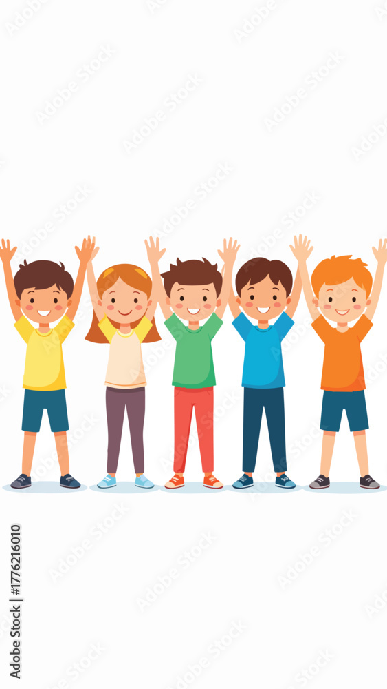 Fototapeta premium Five cartoon children stand in a row with their arms raised in the air, smiling.