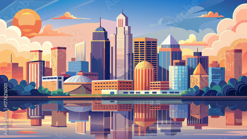 Very beautiful spring sunrise cityscape of downtown Louisville, Kentucky, USA, with the skyline reflecting gracefully on the calm waters of the Ohio River, creating a tranquil morning scene.