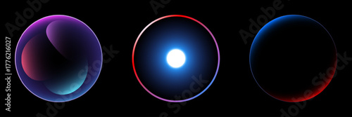 Abstract Futuristic Vector Design: Glowing Cosmic Spheres with Vibrant Gradient Colors and Technology Concept Background