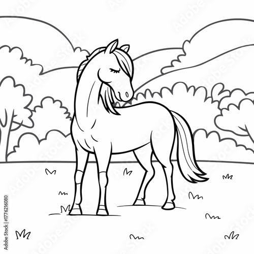 Black and white horse line drawing on grassy field – Great for peaceful nature artwork, rural lifestyle branding, or animal illustration