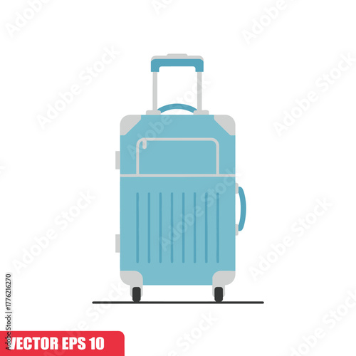 A light blue suitcase with a retractable handle and four wheels, designed for travel and luggage transport. Side handle included.