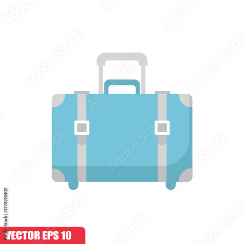 A light blue suitcase with a telescopic handle, gray accents, and white straps. It has wheels and is ready for travel.