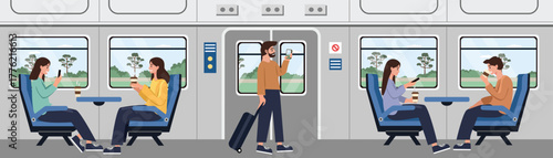 Tram passenger. People on the train. Train trip. Passengers on a modern train journey.