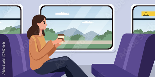 Woman Traveling by Train with Coffee. Passenger Enjoying the Scenic View. Solo travelling. Railway passenger.