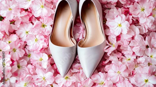 Elegant white shoes on pink floral background: beauty, fashion, wedding, feminine charm