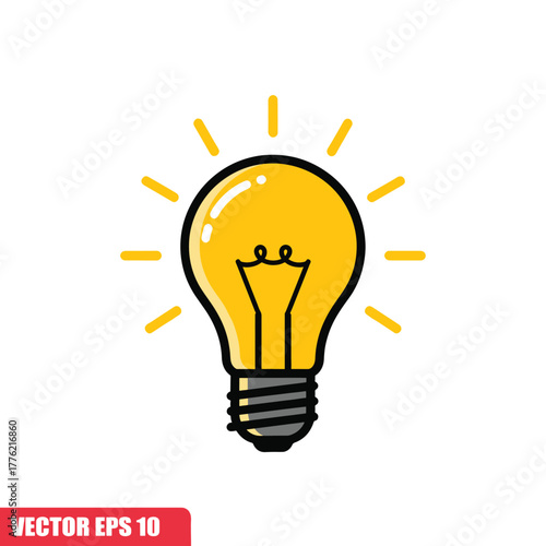 Cartoon Lightbulb with Filament and Radiating Lines on Transpare