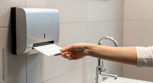 Hand pulling paper towel from dispenser in a public restroom.