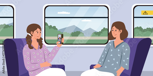 Friends taking a photo on a train journey with scenic views. Selfie on the train. Railway passenger. Cartoon character.