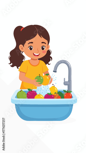 A young girl washes fruits in a blue basin under a running tap, smiling cheerfully.