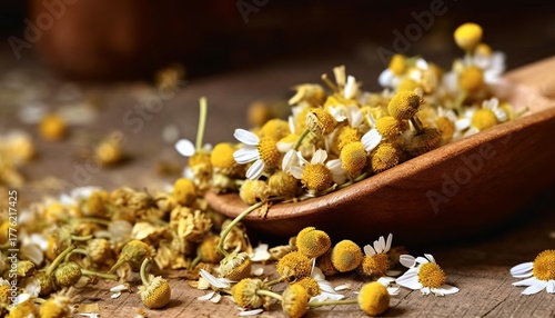 Heap of dried chamomile lying on rustic surface. healthy nutrition concept, herbalism and alternative medicine with chamomile