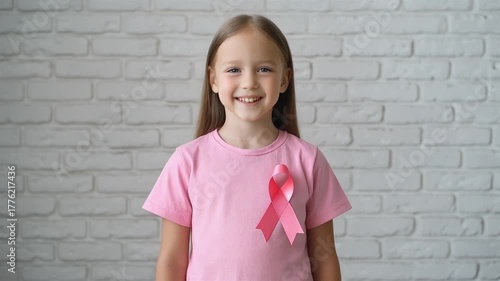 A woman in a white blouse holds a pink ribbon, symbolizing breast cancer awareness. 