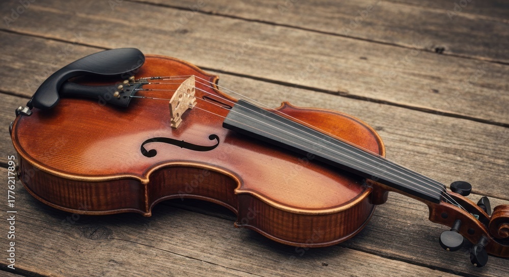 Fototapeta premium A close-up of a wooden stringed instrument resting on a weathered wooden surface