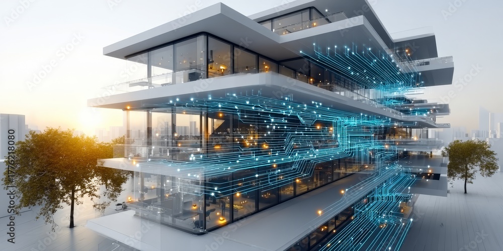 Fototapeta premium Futuristic Office Building Design Featuring Innovative Architecture and Advanced Technology Elements