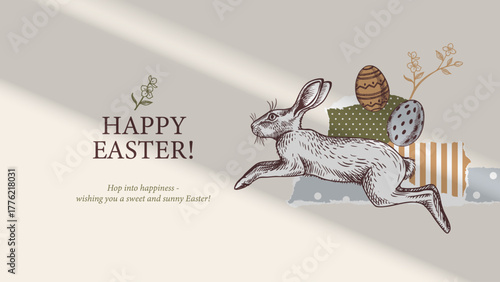 Cute Easter vintage hand drawn poster with cute bunny and egg nest. Greeting card and invitation design. Retro sketch vector illustration