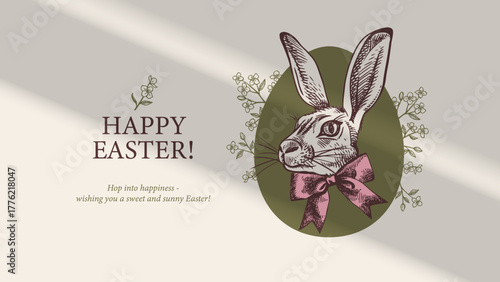 Cute Easter vintage hand drawn poster with cute bunny and egg nest. Greeting card and invitation design. Retro sketch vector illustration