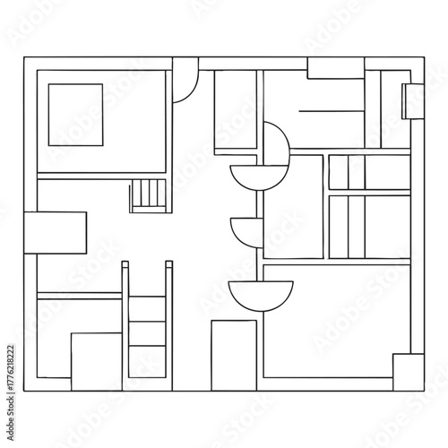 Black and white line drawing of a house floor plan with rooms and stairs house plan architectural drawing 1