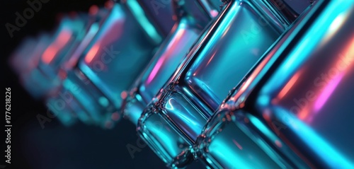 Fototapeta Naklejka Na Ścianę i Meble -  Abstract iridescent square shapes form repeating diagonal pattern. Shiny surfaces reflect vibrant blue, pink, orange gradient light. Modern tech design provides dynamic digital background perfect for