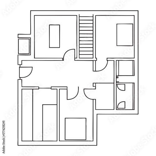 Black and white line drawing of a house floor plan with rooms and stairs house plan architectural drawing