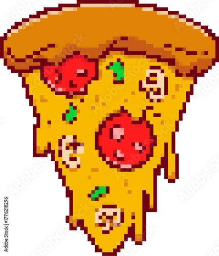 Pixel art pizza slice isolated on white background. Vector illustration