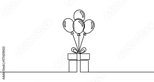 Gift and balloons icon. Black gift box with balloons, written in one continuous line. Vector illustration of a celebration